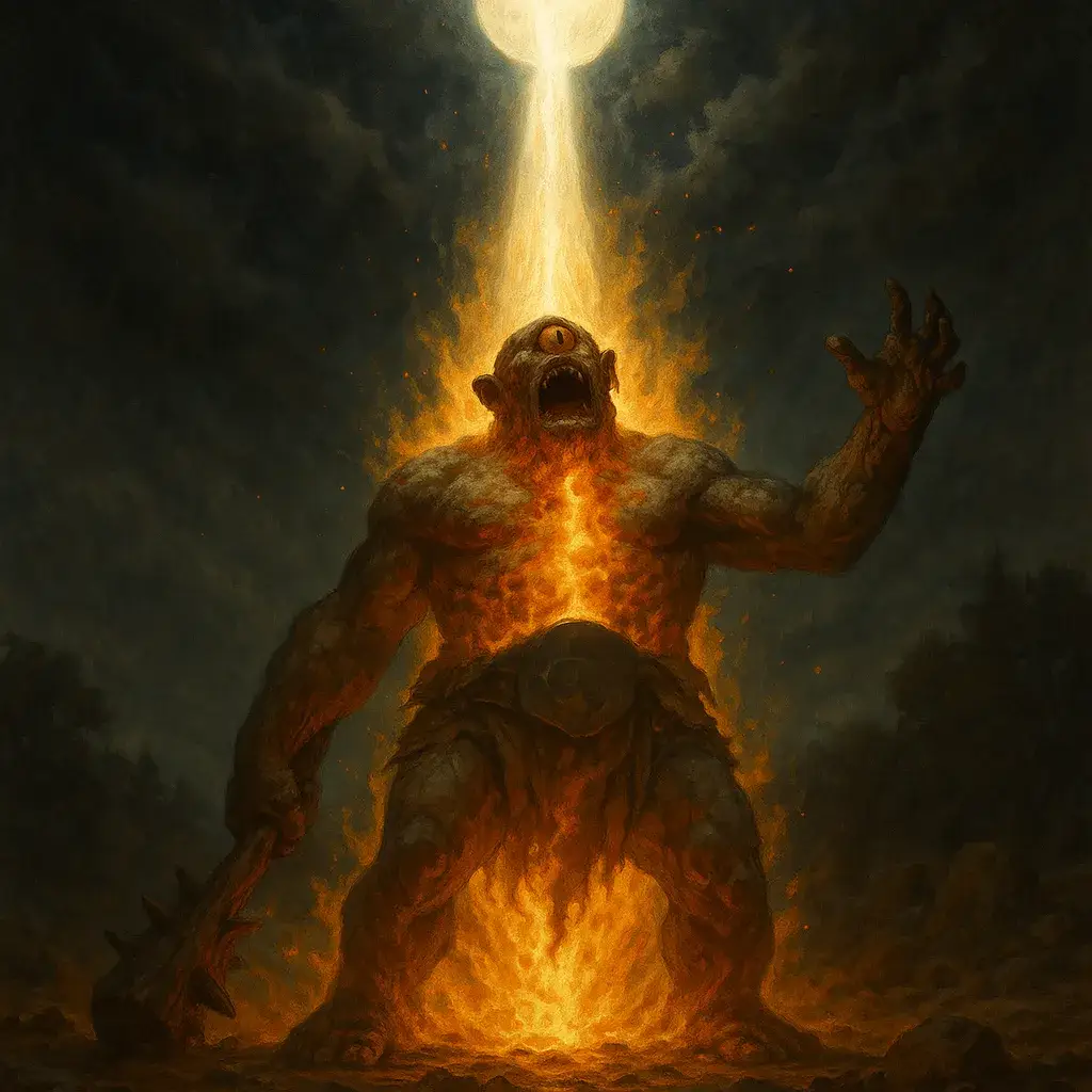 An illustration of the cyclops burning under the moonbeam
